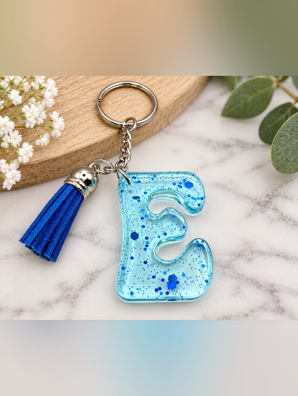 Personalized Blue Resin Letter E Keychain with Tassel - Party Favor